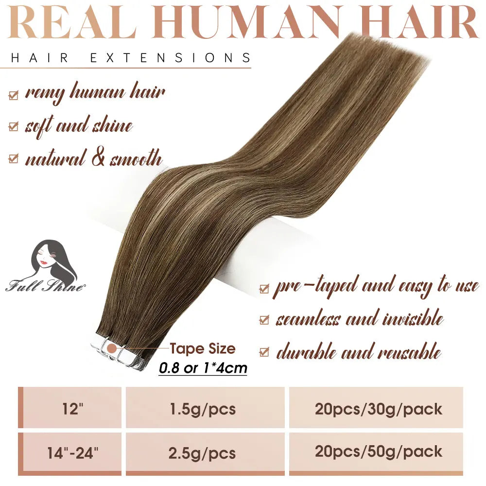 100% Remy Human Hair Tape -In Extensions - Straight Hair, Natural Look