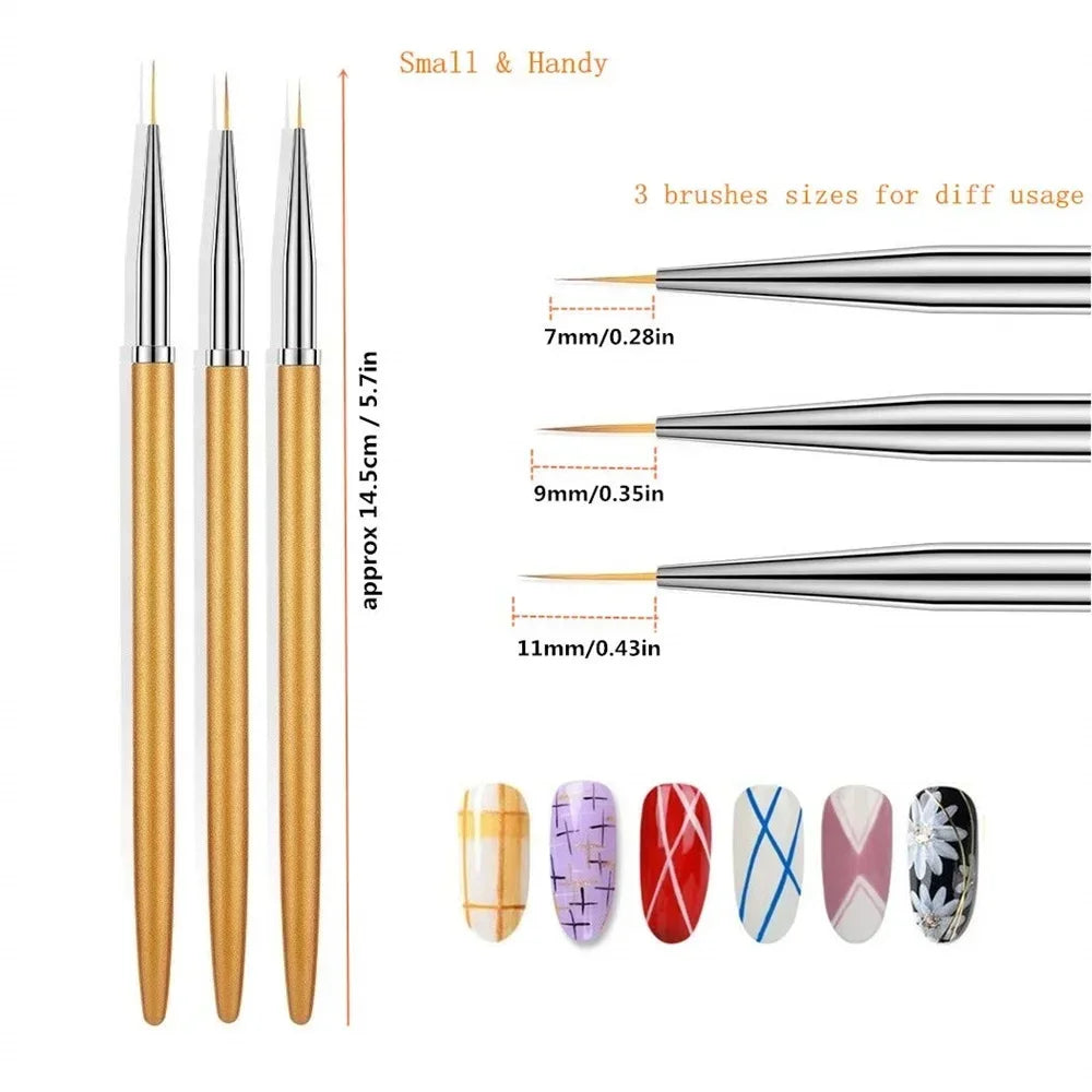 3Pcs Acrylic Nail Art Brush Set - French Liner and Details Brushes