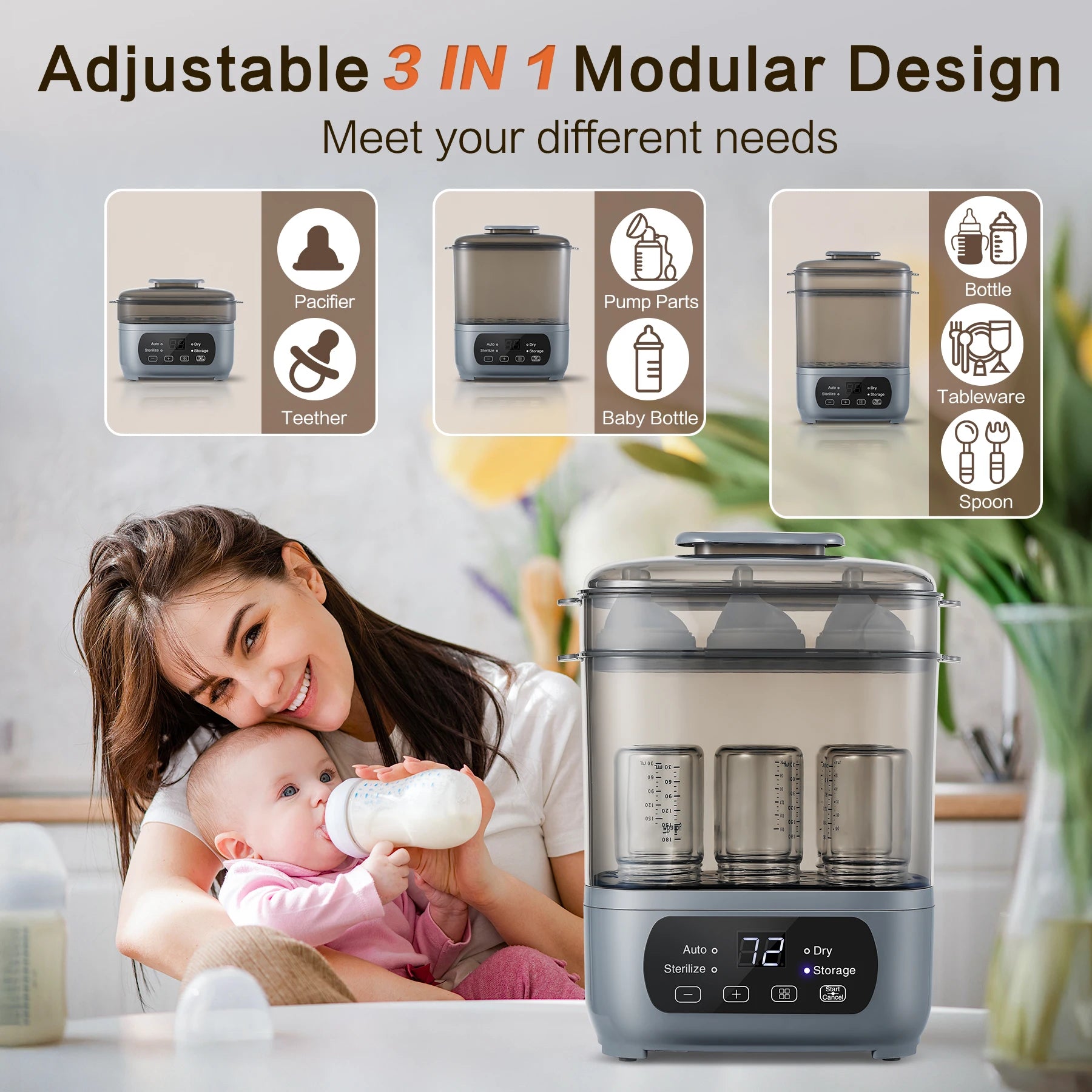4-in-1 Baby Bottle Sterilizer and Dryer - 72H Storage for 6 Bottles with Accessories
