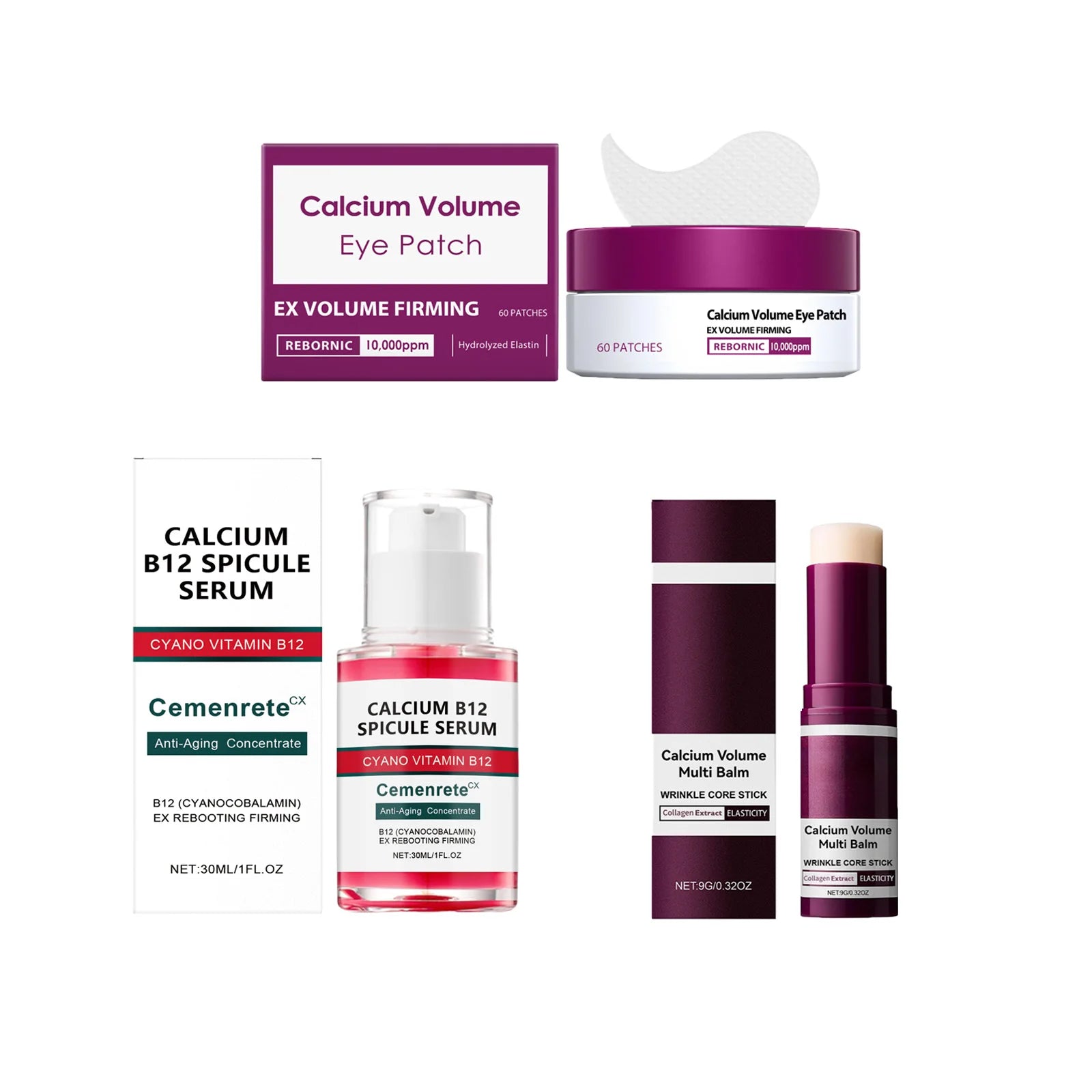 Calcium Anti - Aging Skincare Set - Facial Serum, Eye Patches and Moisturizing Balm