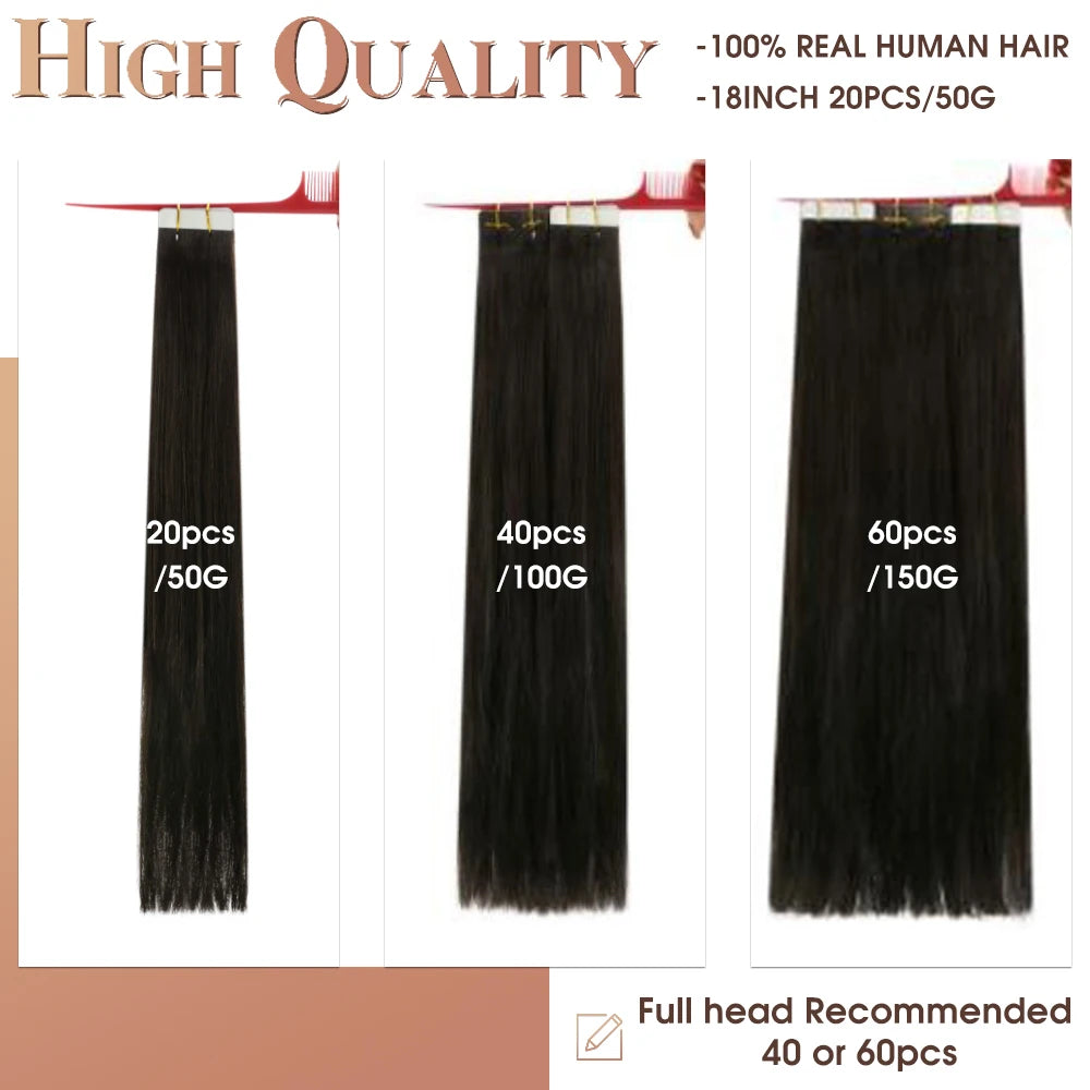 100% Remy Human Hair Tape -In Extensions - Straight Hair, Natural Look
