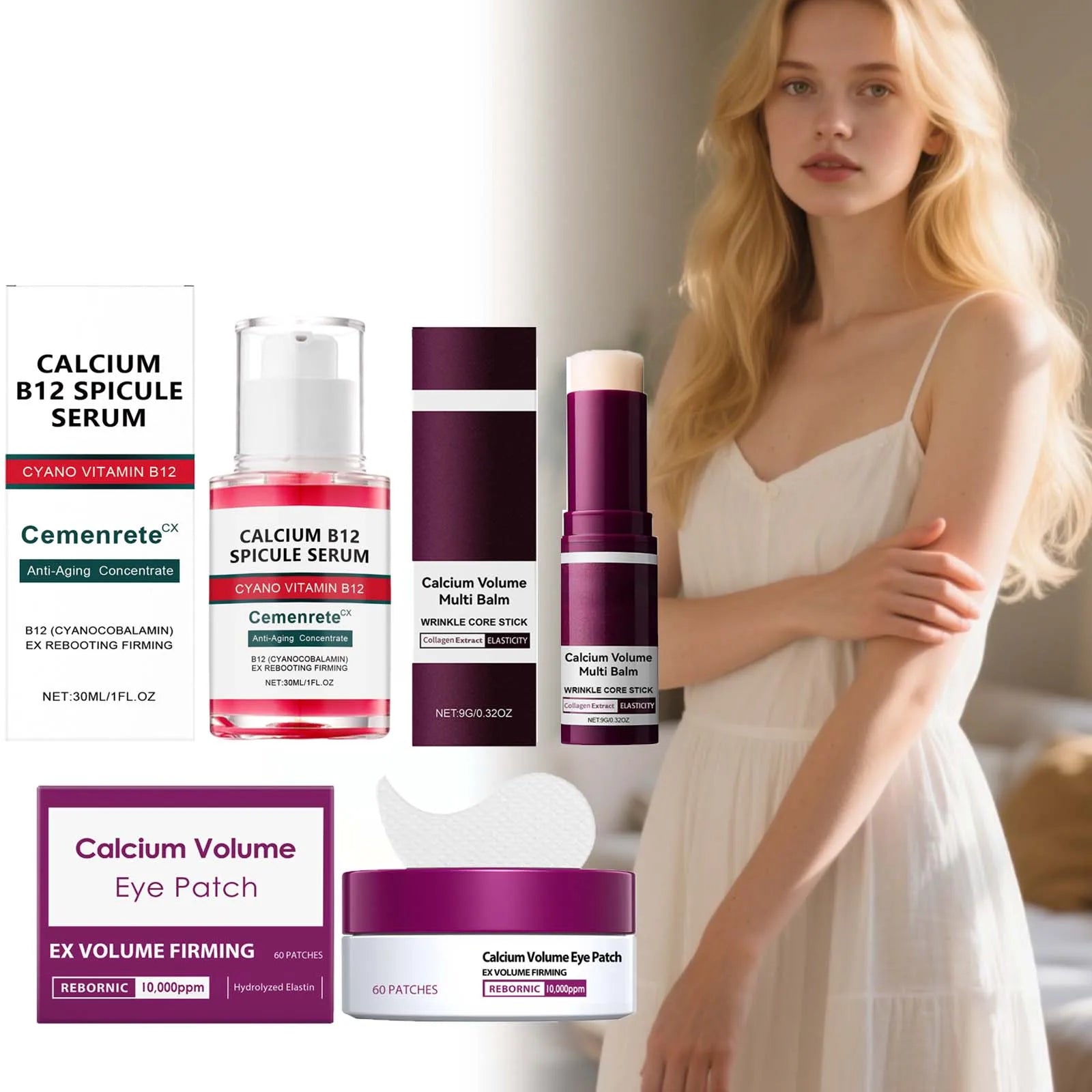 Calcium Anti - Aging Skincare Set - Facial Serum, Eye Patches and Moisturizing Balm