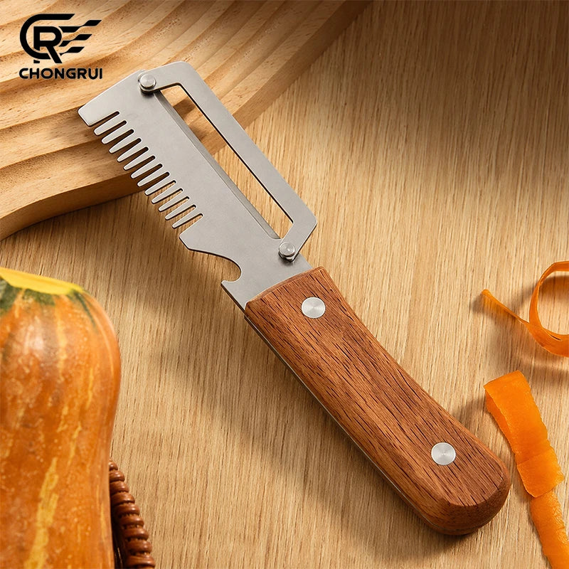 3-in-1 Stainless Steel Vegetable Peeler with Bottle Opener and Wooden Handle