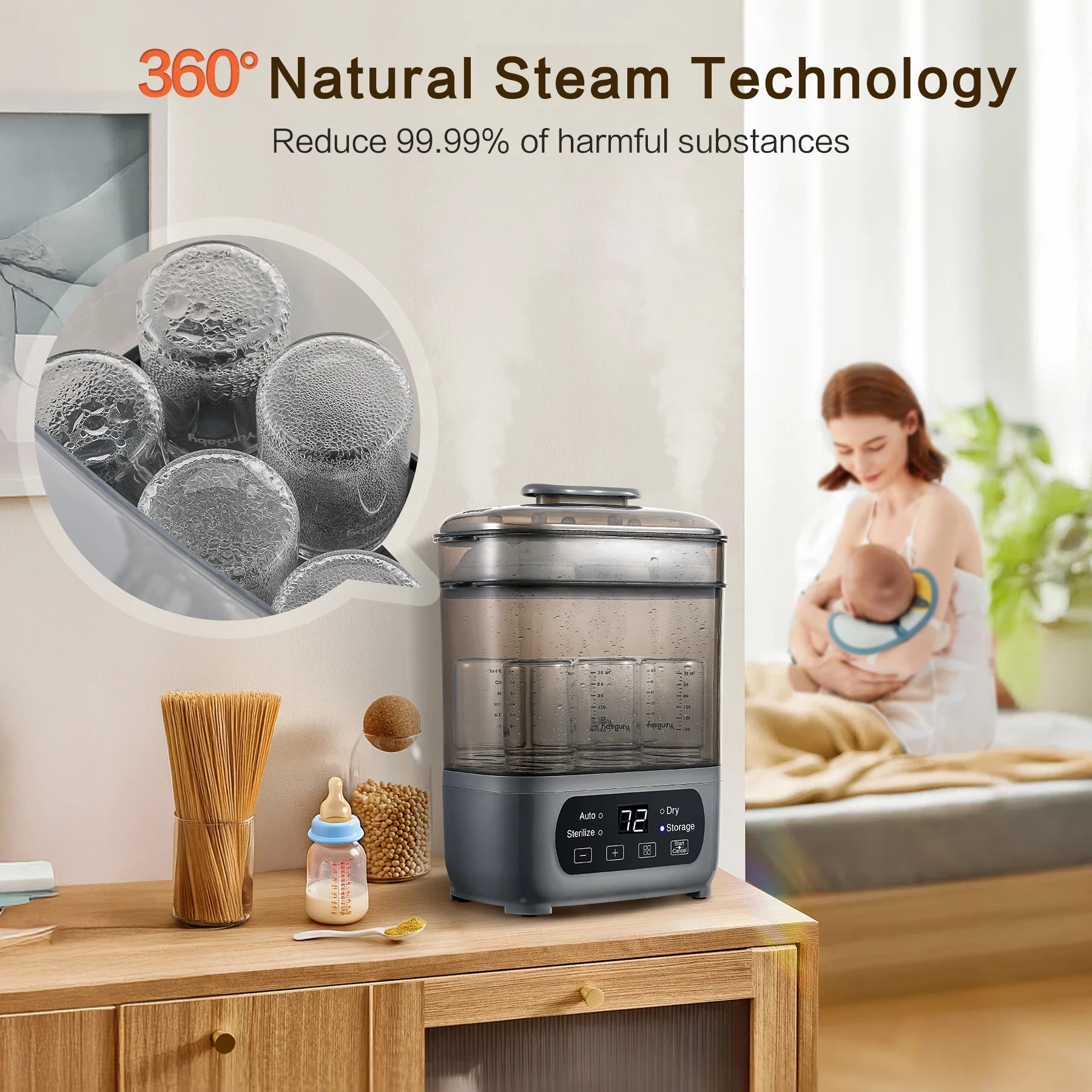 4-in-1 Baby Bottle Sterilizer and Dryer - 72H Storage for 6 Bottles with Accessories